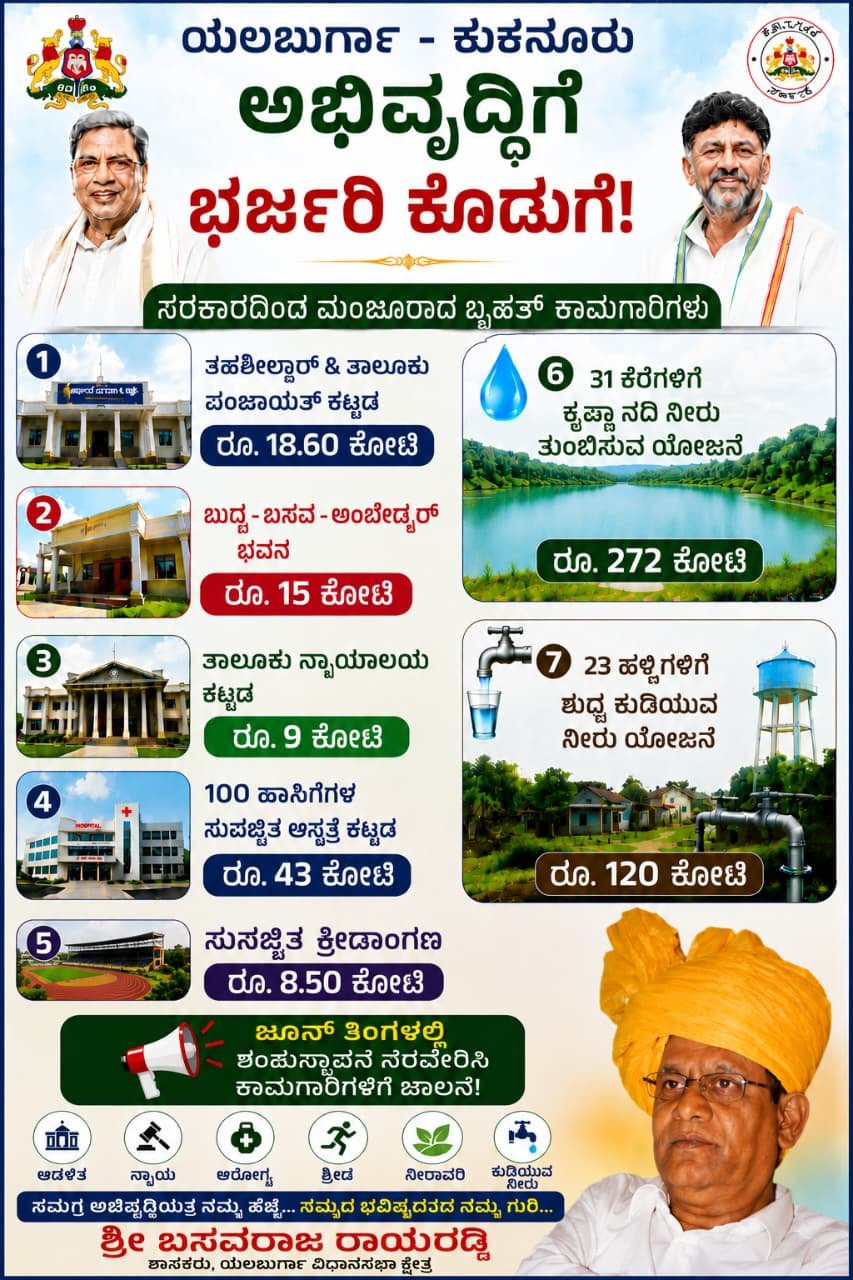 Read more about the article FLASH NEWS : ಕುಕನೂರು-ಯಲಬುರ್ಗಾ ಅಭಿವೃದ್ಧಿಗೆ ಭರ್ಜರಿ ಬೂಸ್ಟ್: ₹486 ಕೋಟಿಗೂ ಅಧಿಕ ವೆಚ್ಚದ ಕಾಮಗಾರಿಗಳಿಗೆ ಶೀಘ್ರ ಚಾಲನೆ!