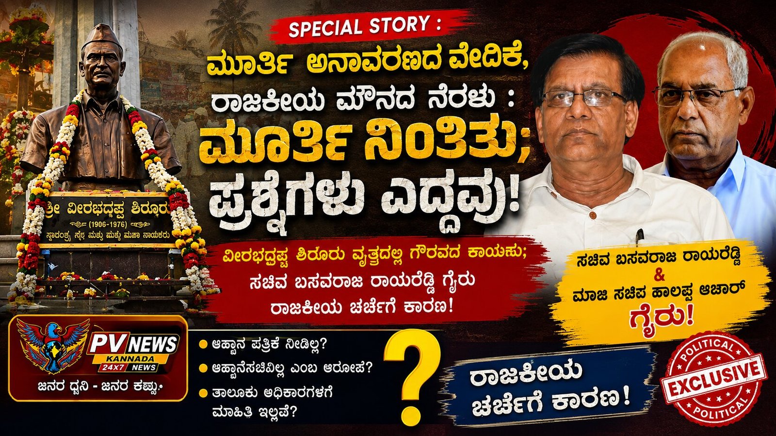 Read more about the article PV SPECIAL STORY : ಮೂರ್ತಿ ನಿಂತಿತು; ಪ್ರಶ್ನೆಗಳು ಎದ್ದವು! : ವೀರಭದ್ರಪ್ಪ ಶಿರೂರು ವೃತ್ತದ ಉದ್ಘಾಟನೆಗೆ ಸಚಿವ ಬಸವರಾಜ ರಾಯರೆಡ್ಡಿ, ಮಾಜಿ ಸಚಿವ ಹಾಲಪ್ಪ ಆಚಾರ್ ಗೈರು!