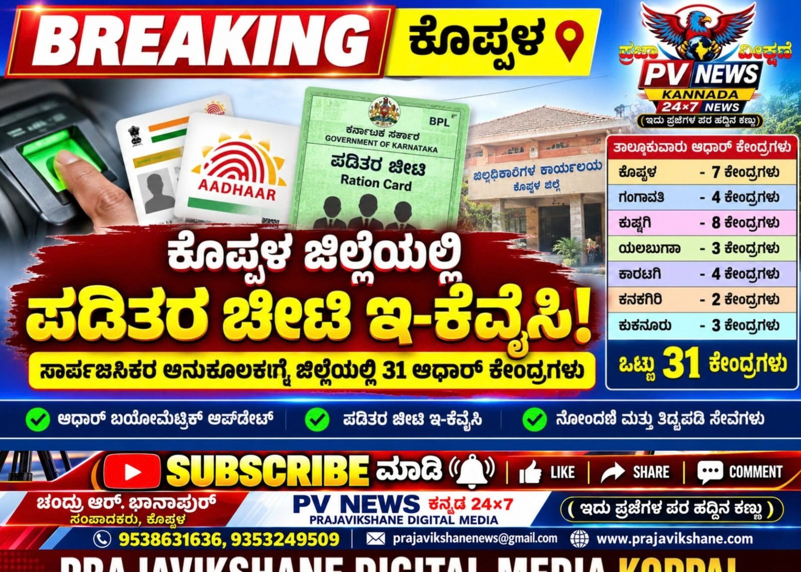 You are currently viewing BREAKING : ಕೊಪ್ಪಳ ಜಿಲ್ಲೆಯಲ್ಲಿ ಪಡಿತರ ಚೀಟಿ ಇ-ಕೆವೈಸಿಗೆ ಇನ್ನು ಅಲೆದಾಟ ಬೇಡ!, ಕೊಪ್ಪಳ ಜಿಲ್ಲೆಯಲ್ಲಿ 31 ಆಧಾರ್ ಕೇಂದ್ರಗಳು ಸಜ್ಜು!
